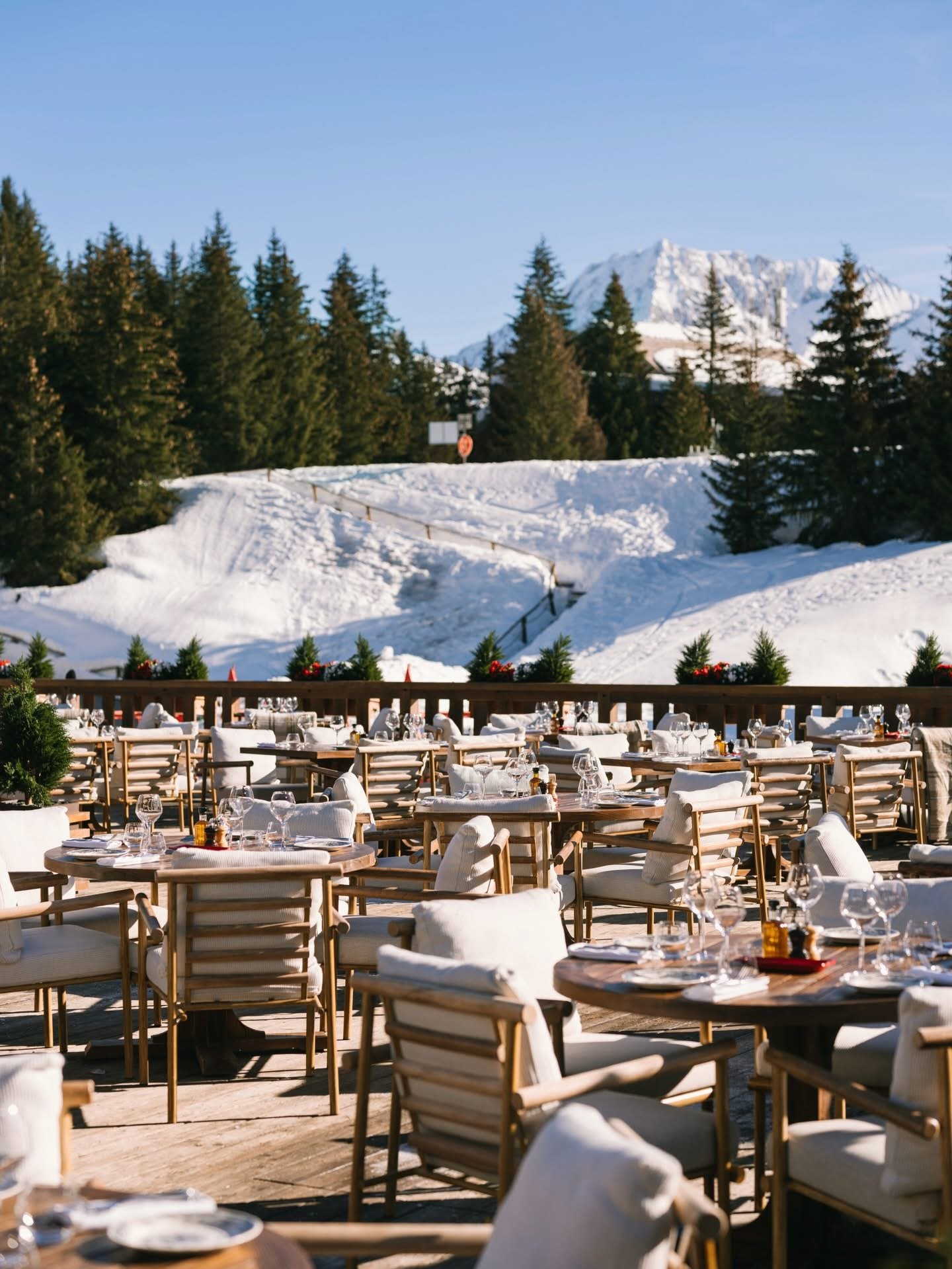 Slope-side restaurant terrace at Chalet de Pierre in Courchevel