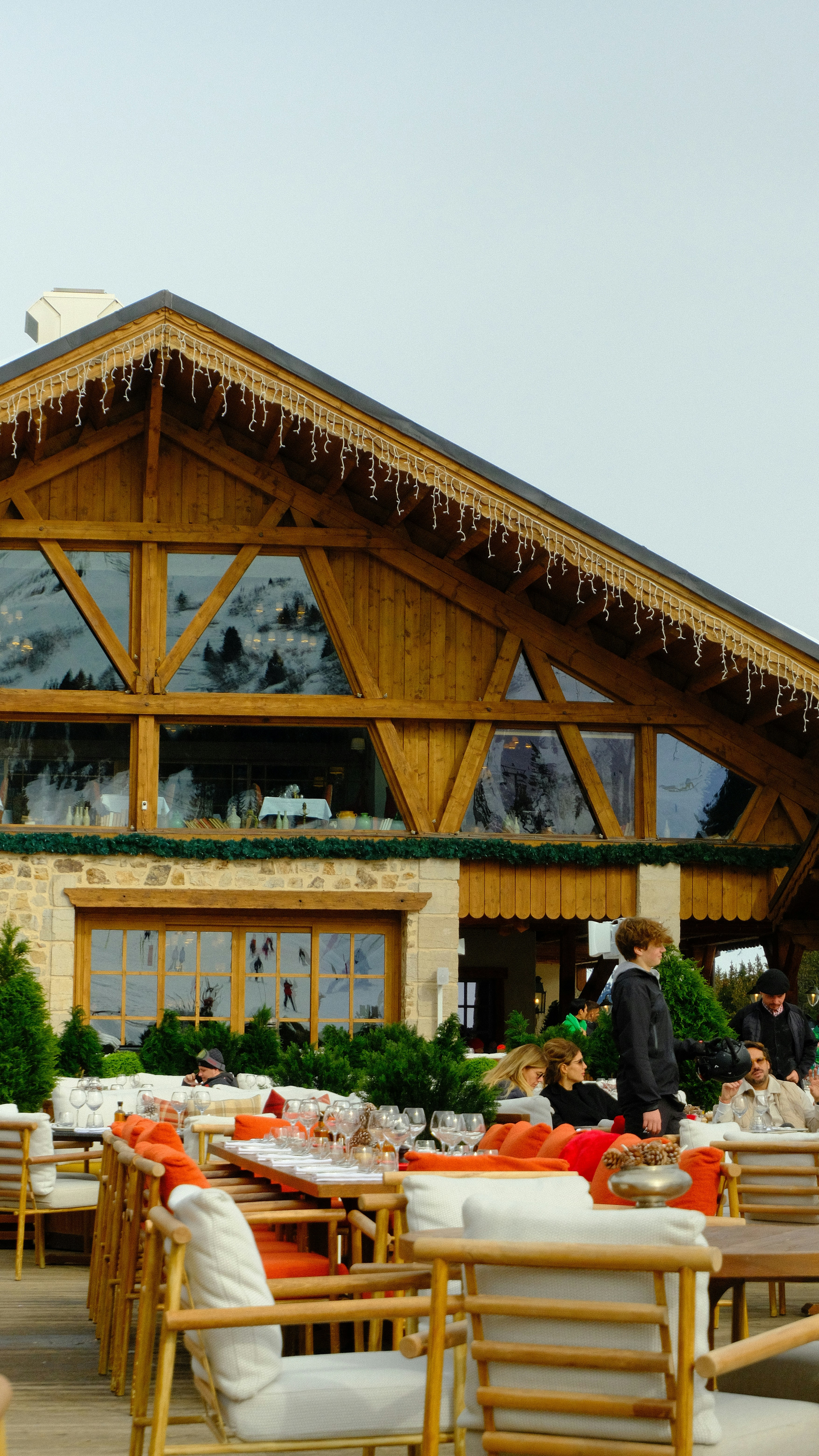 Alpine restaurant terrace overlooking the slopes